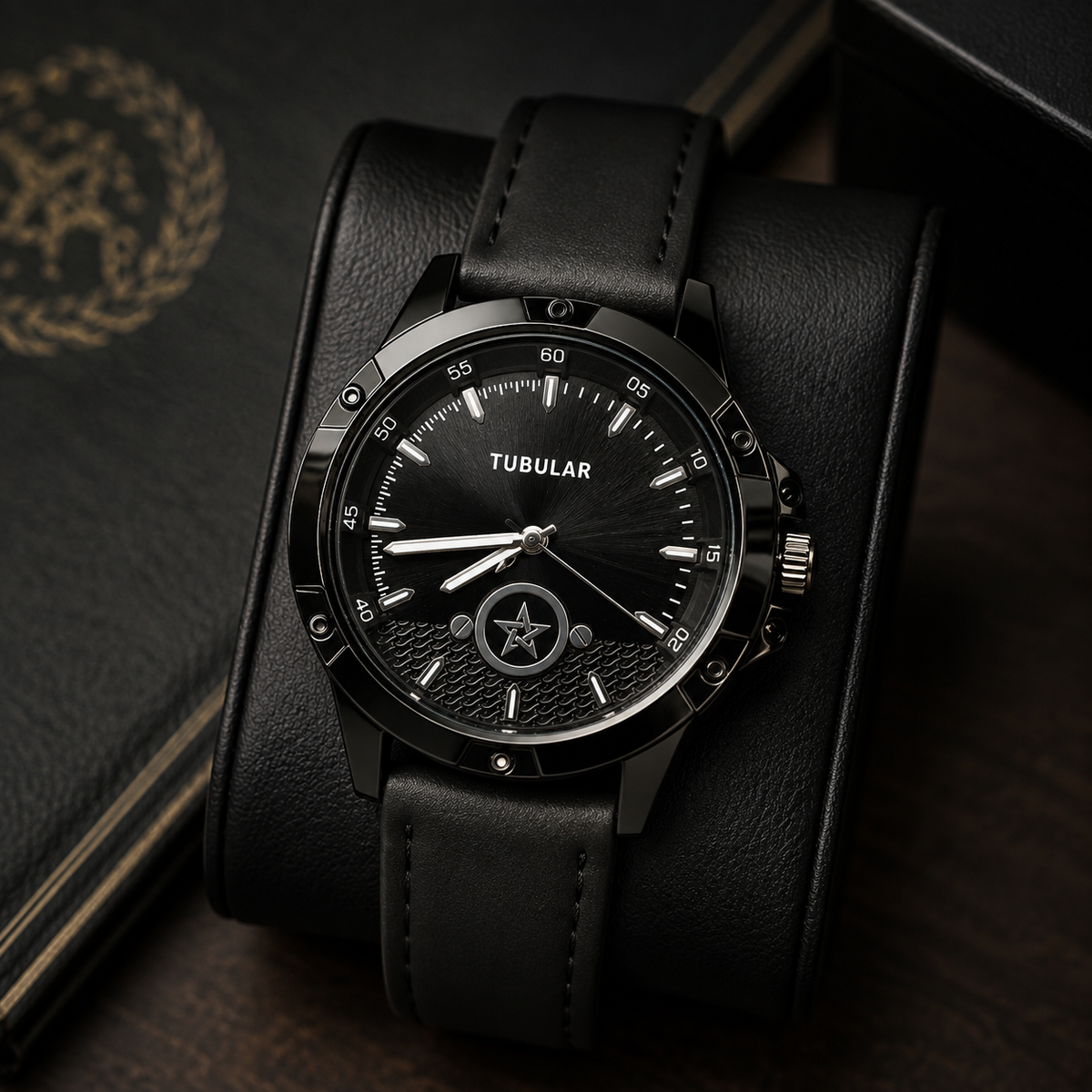 Tubular Men's Quartz Leather Watch – Black