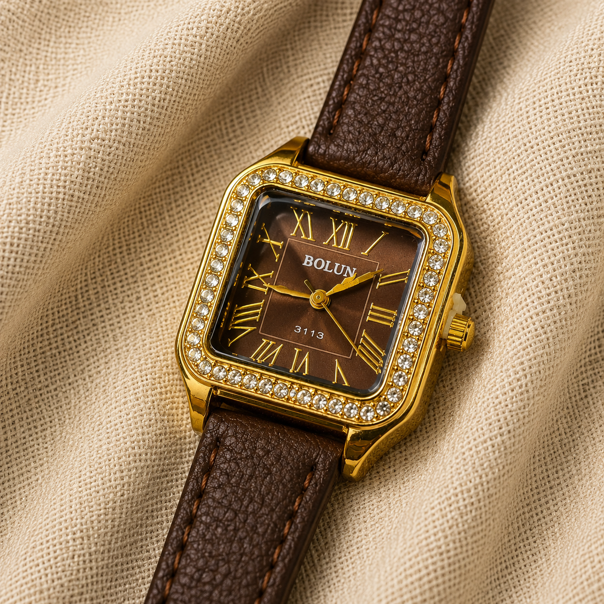 Bolun Diamond-Studded Roman Watch – Brown