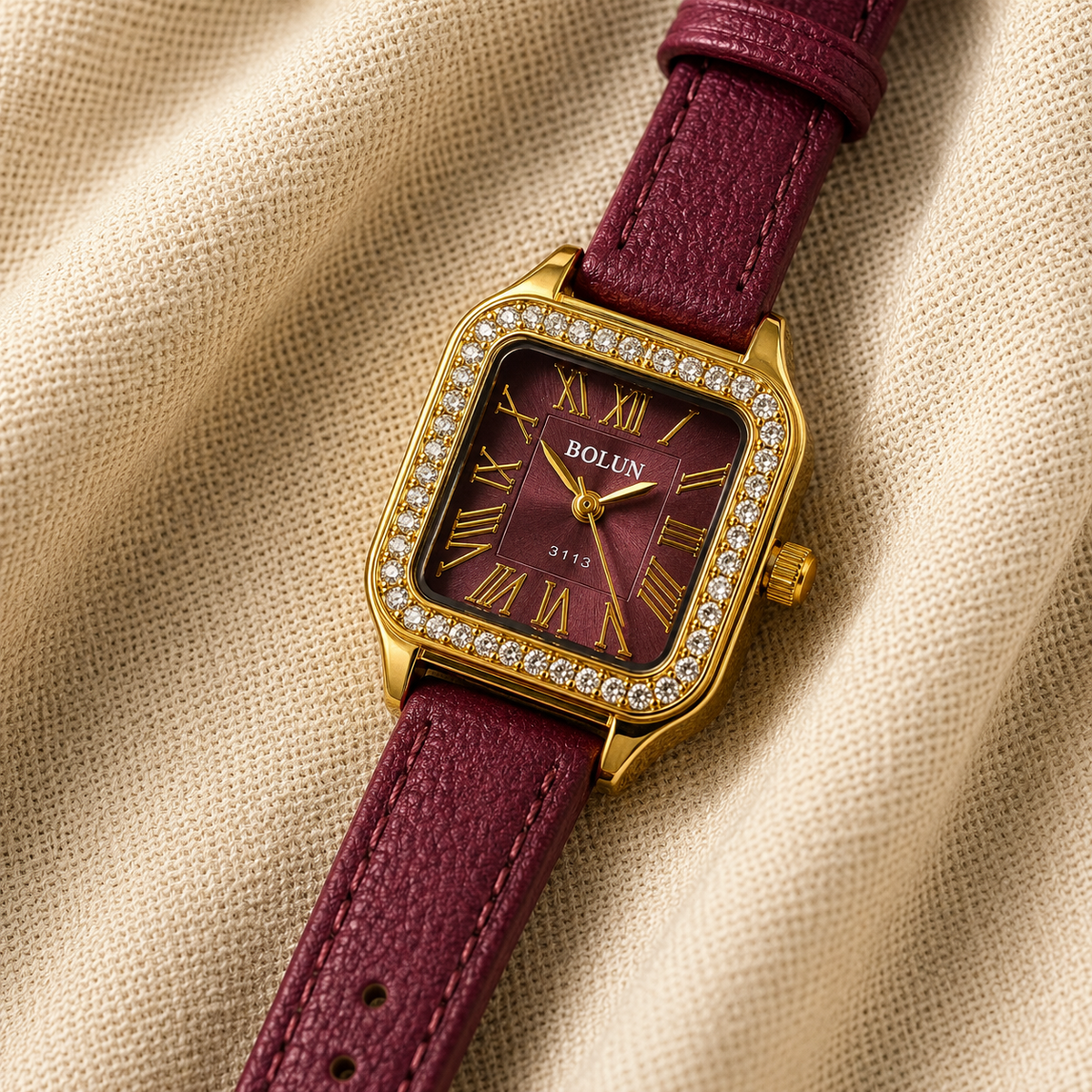 Bolun Diamond-Studded Roman Watch – Wine Red