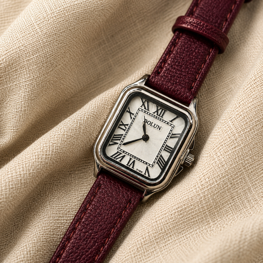 Bolun Vintage-Style Square Quartz Watch – Wine Red